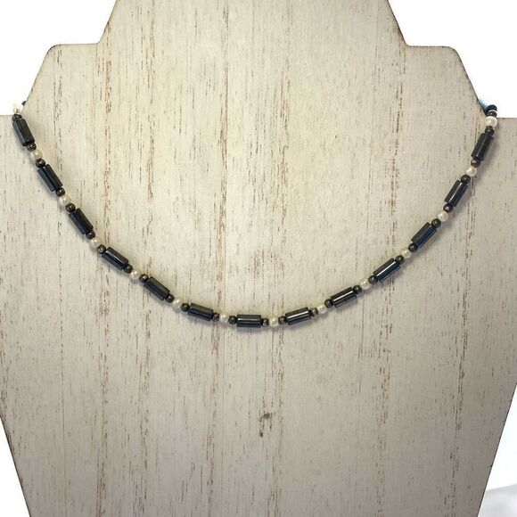 OO# Striking Dark Gray Agate & Pearl & Sterling 925 Silver Choker Necklace - Picture 1 of 8